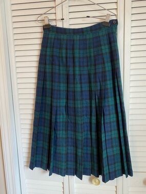 Vintage Pendleton Black Watch Tartan Pleated Wool Midi Skirt Size 8 Blue USA
